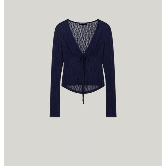 y2k Grunge Sheer Lace Tie Top Blue Violet Navy Long Sleeve Mesh 90s 00s Goth M L - Picture 10 of 10